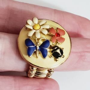 Vintage enamel butterfly flower ladybug ring stretch gold 3D STUNNING